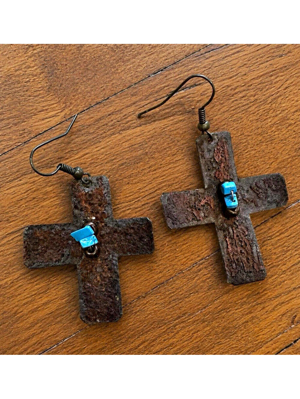 Wood Cross Dangle Earrings Blue Stone/Bead Accent Hook Religious